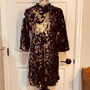 Black and gold sequin, mandarin collar, long-sleeve dress